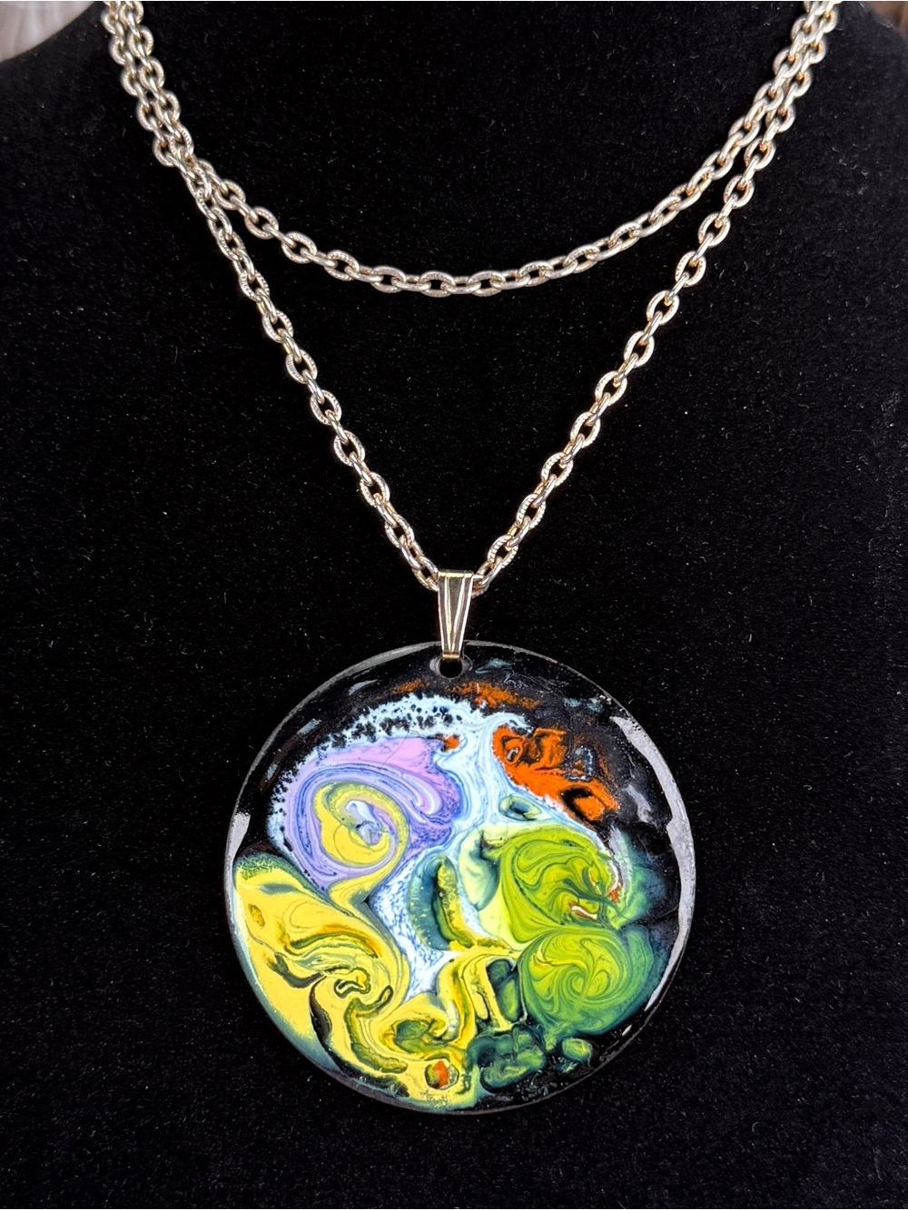 Vintage Abstract Art Pendant Necklace Long Silvertone Chain Statement